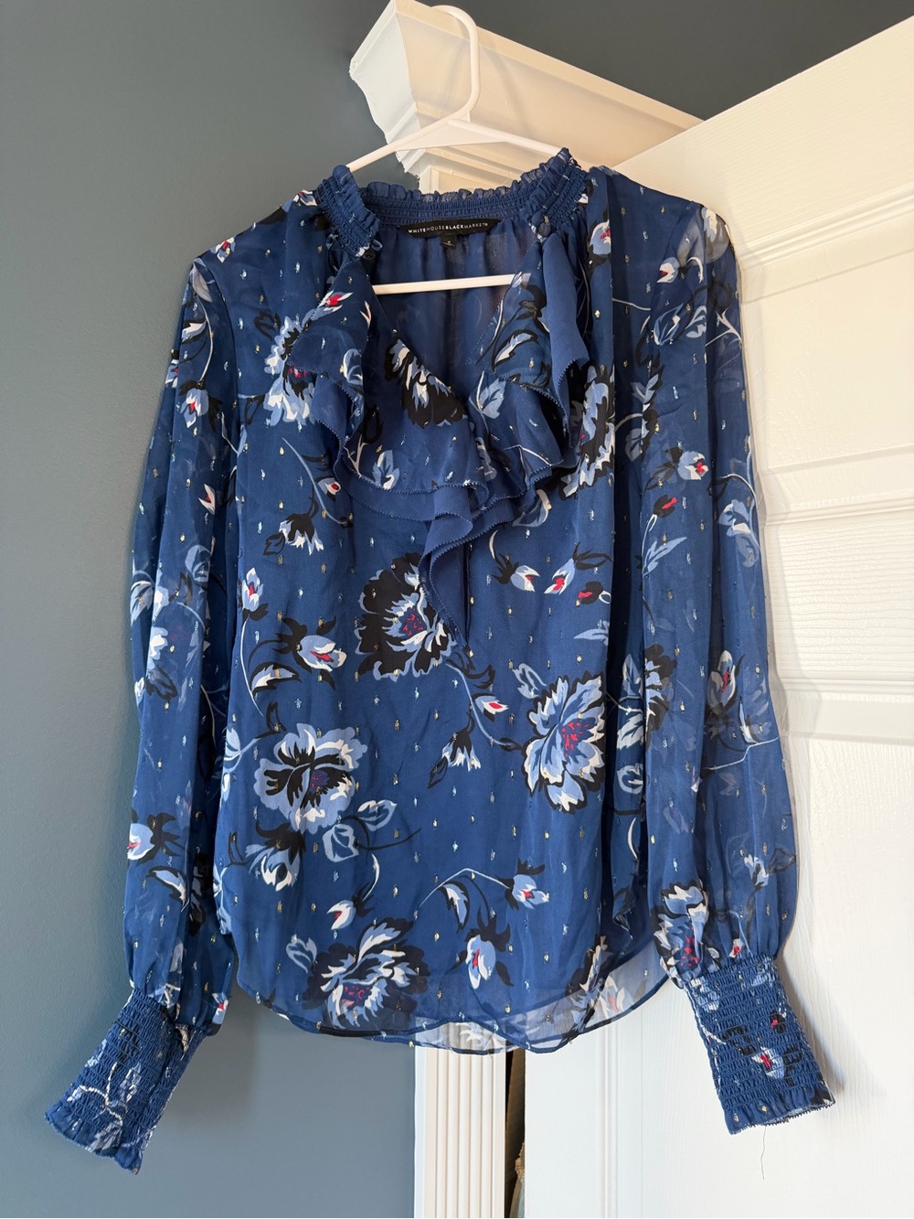 White House Black Market Navy Floral Ruffle-Neck Blouse